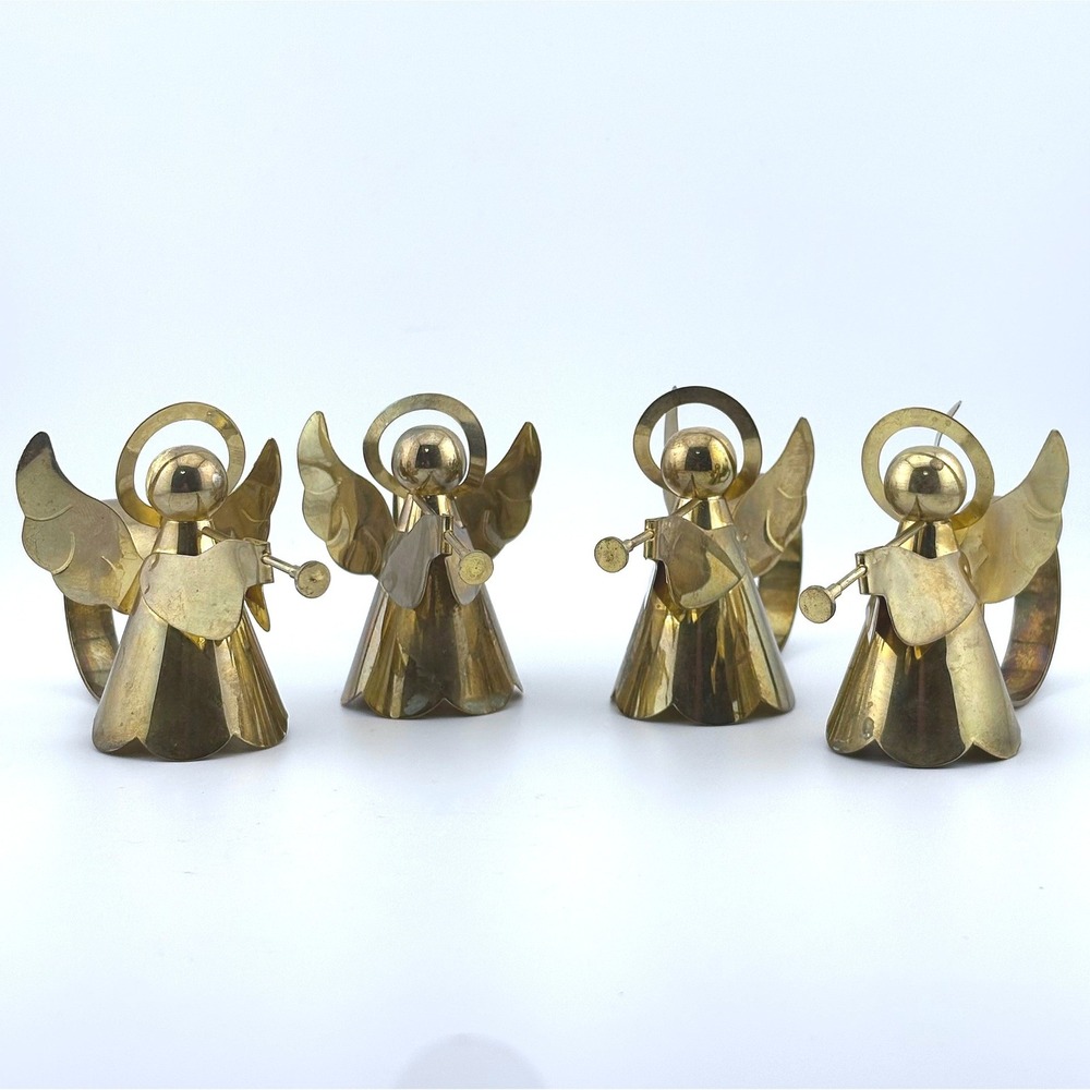 Vintage Brass Angel Napkin Rings Set of 4 Gold Tone Trumpet Christmas Decor